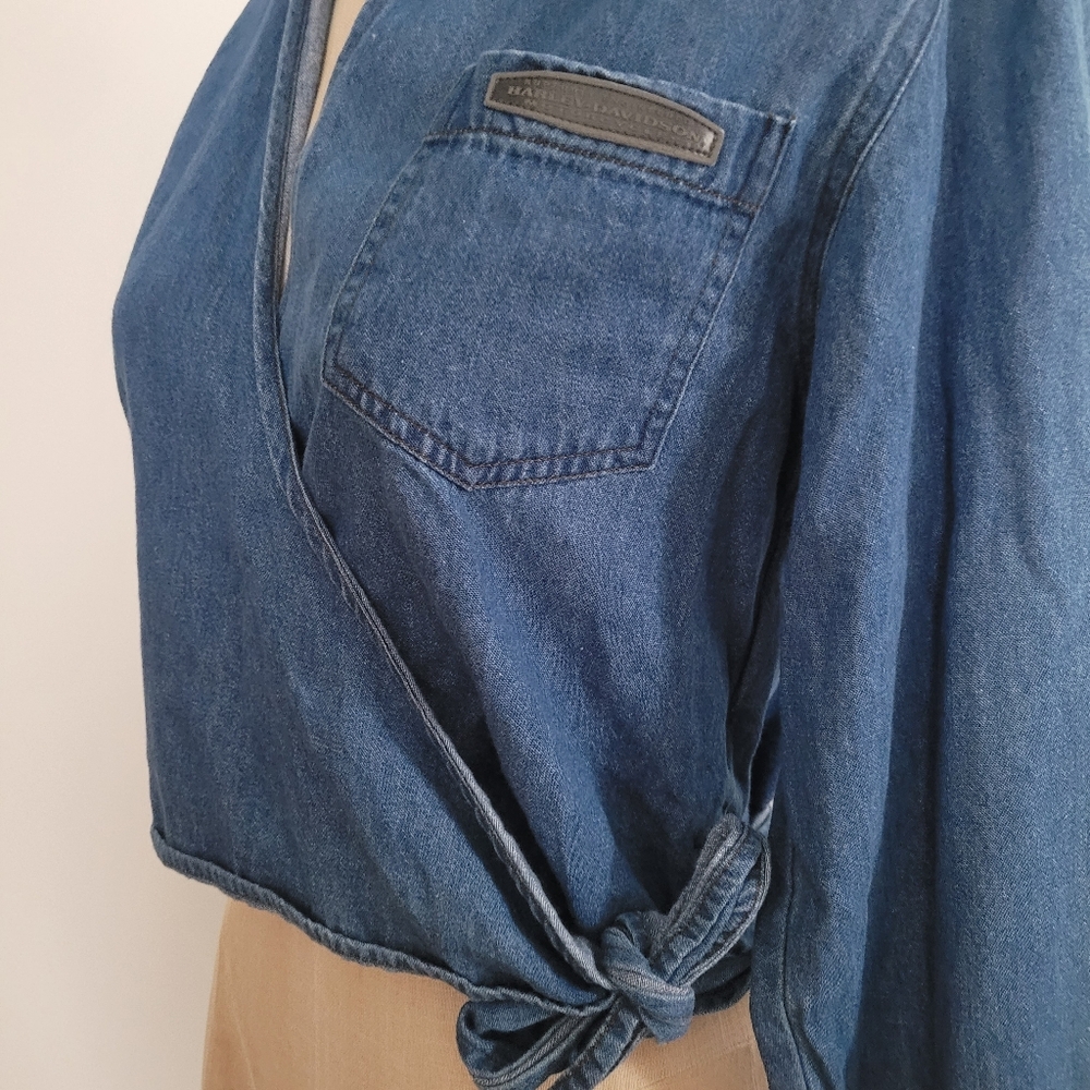 Harley Davidson Womens Denim Wrap Tie Belt Top 100% Cotton S Motorcycle Street - Picture 10 of 13